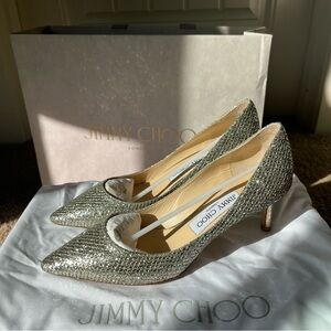 Jimmy Choo Romy 60 Champagne Glitter Heels Size 36 w/Box & Dust Bag Wedding Prom
